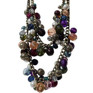 Vintage Beaded Chunky Multi Strand Necklace Antique Brass Chain Colorful Jewelry